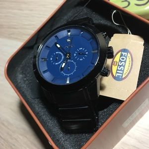 FOSSIL Black Stainless Steel Watch Blue w/diamonds
